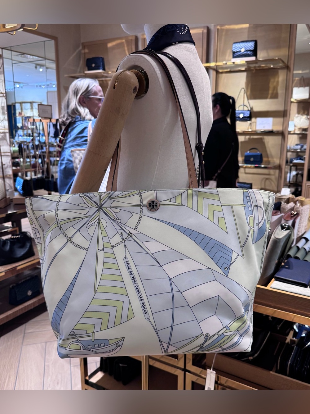 NWT Tory Burch 180306 Ella Nylon Printed Tote Zip Bag Mint Sailboat Spiral $320